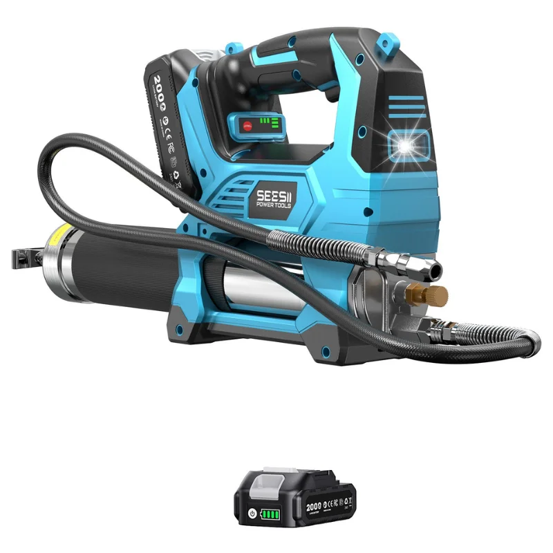 Seesii GR02 Ultra 12000PSI Elektrische Fettpresse Set Kabellose Bürstenlose Hochdruck-Schmiermaschine Ölwerkzeug-Set mit 2,0Ah Akku 39,4" Flexibler Schlauch LED-Licht