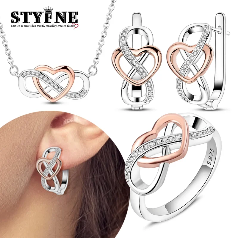 

Silver S925 Jewelry Sets Rose Gold Color Infinity Forever Love Necklace Heart Earrings Rings for Women Romantic Jewelry Gifts