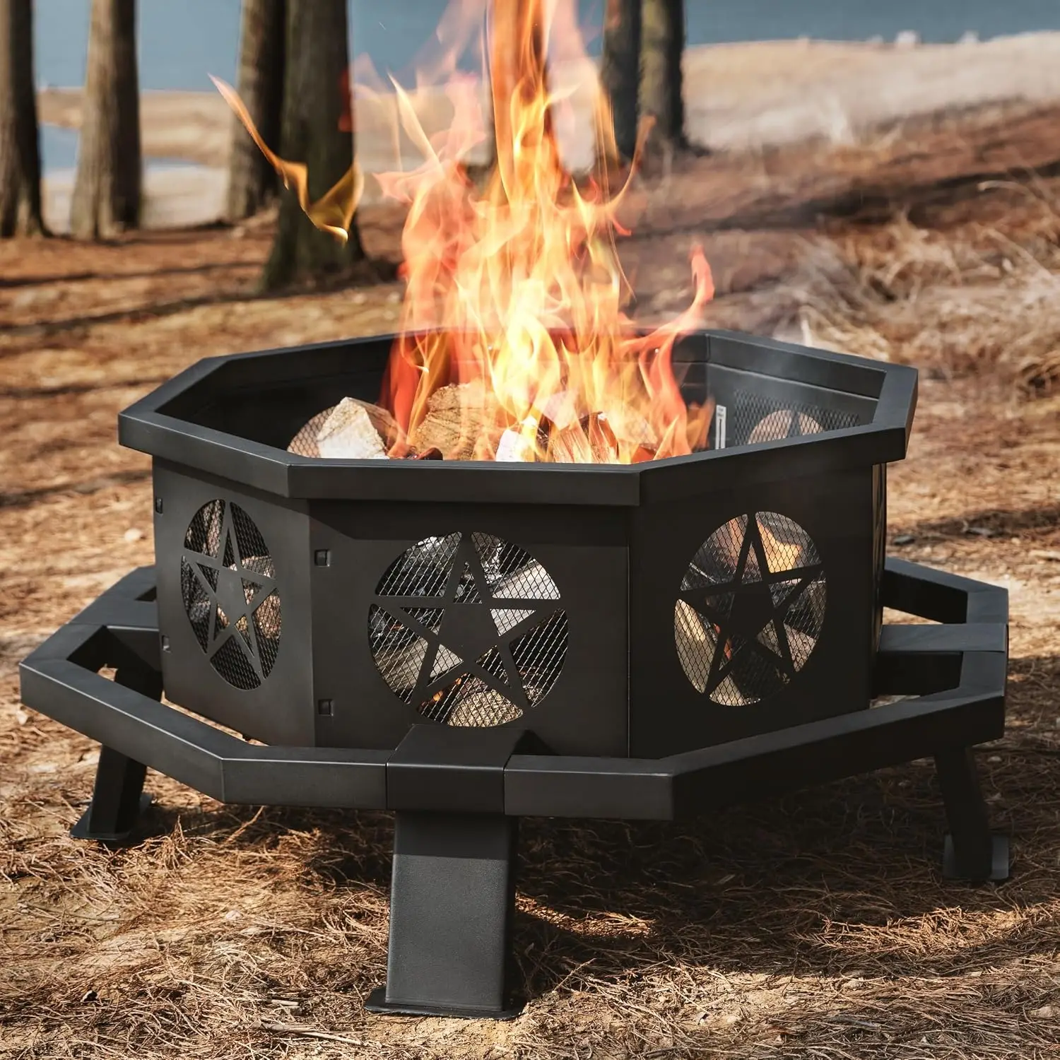 Outdoor Wood Burning Fire Pit With Cooking Grill Grate Large Octagonal Steel Firepit Table Spark Screen Mesh Cover Poker For Backyard Patio Picnic Camping Heavy Duty Bonfire Heating Station Black
