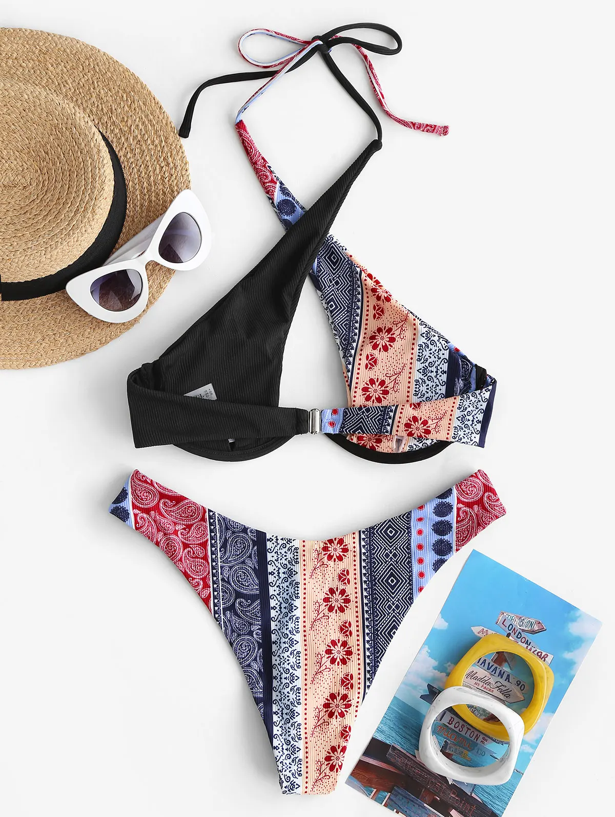 Zaful Halter Crossover czeski nadruk prążkowany Monowire strój kąpielowy bikini fiszbiny bezczelny wysoki krój nadruk Trend dwuczęściowe garnitury