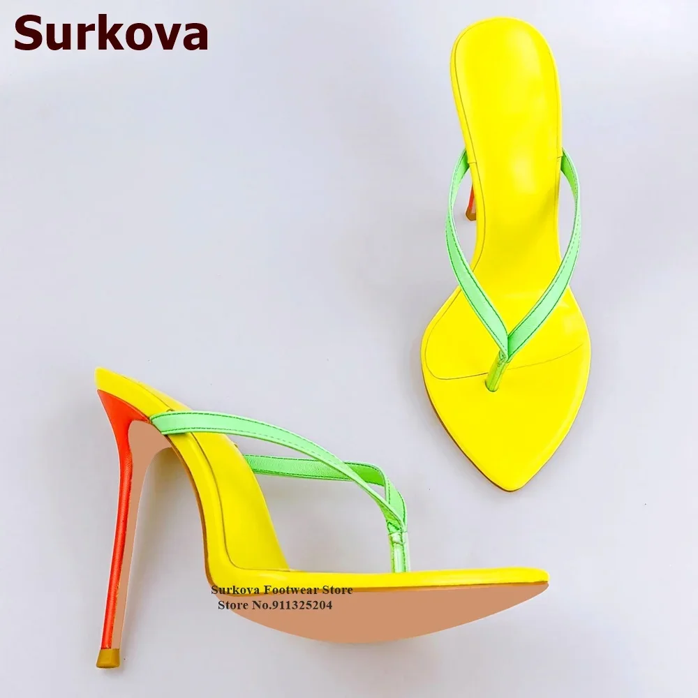 Surkova Red Thin High Heel Clip Toe Slippers Yellow Green Mixed Color Patchwork Summer Sandals Slip-on Dress Shoes Size46