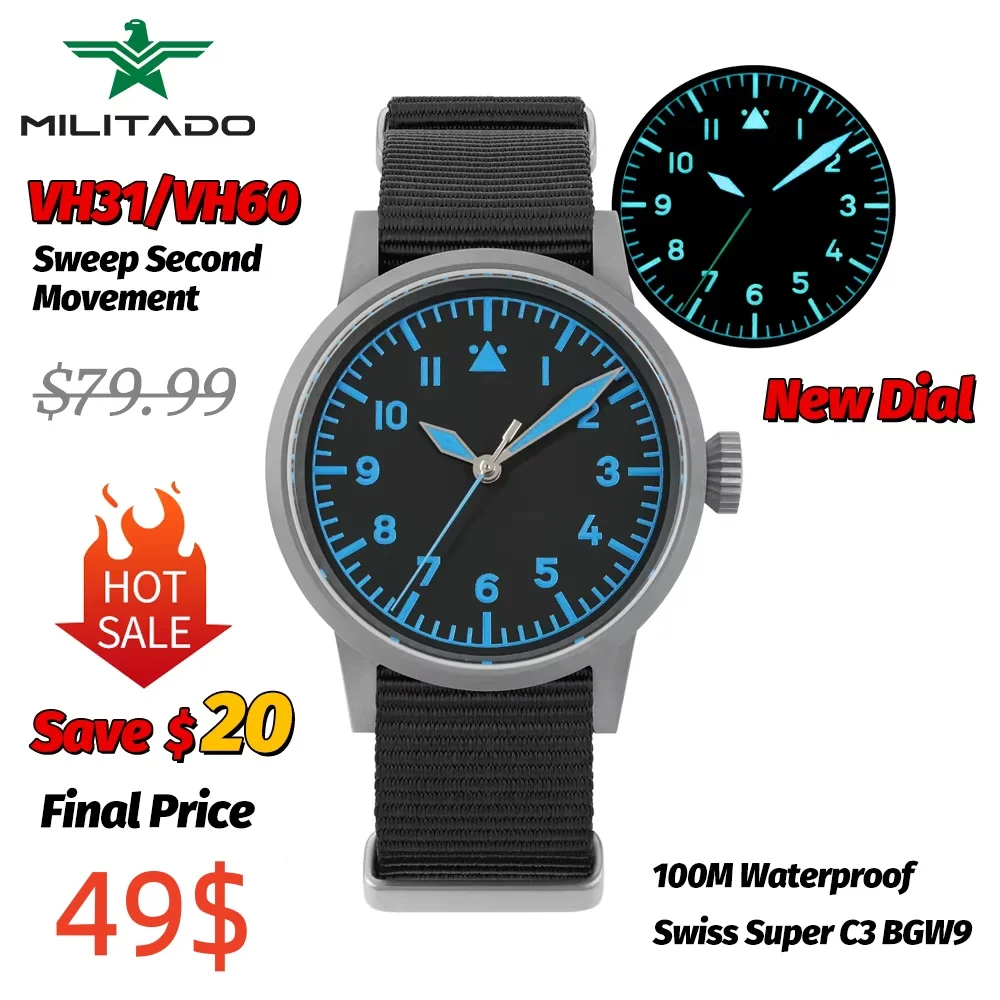 Militado ML10 V2 Quartz Watch VH31 Sapphire Crystal BGW9 Night Light 10Bar Waterproof 36.9mm Retro Watch  Watches for Men