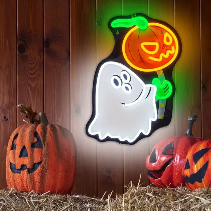 Pumpkin Candy Ghost Halloween Neon Sign Wall Decor UV Printed Club Shop Game Room Bedroom Home Bar Neon Halloween Decorations