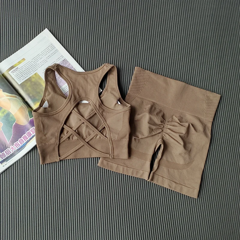 Pfirsichfarbenes Damen-Set mit High-Waist-Shorts und BH, Po-Lifting-Fitness-Set, geraffter Rücken, Yoga-Anzug, eng anliegend für Lauf- und Trainingsübungen – Detail 18
