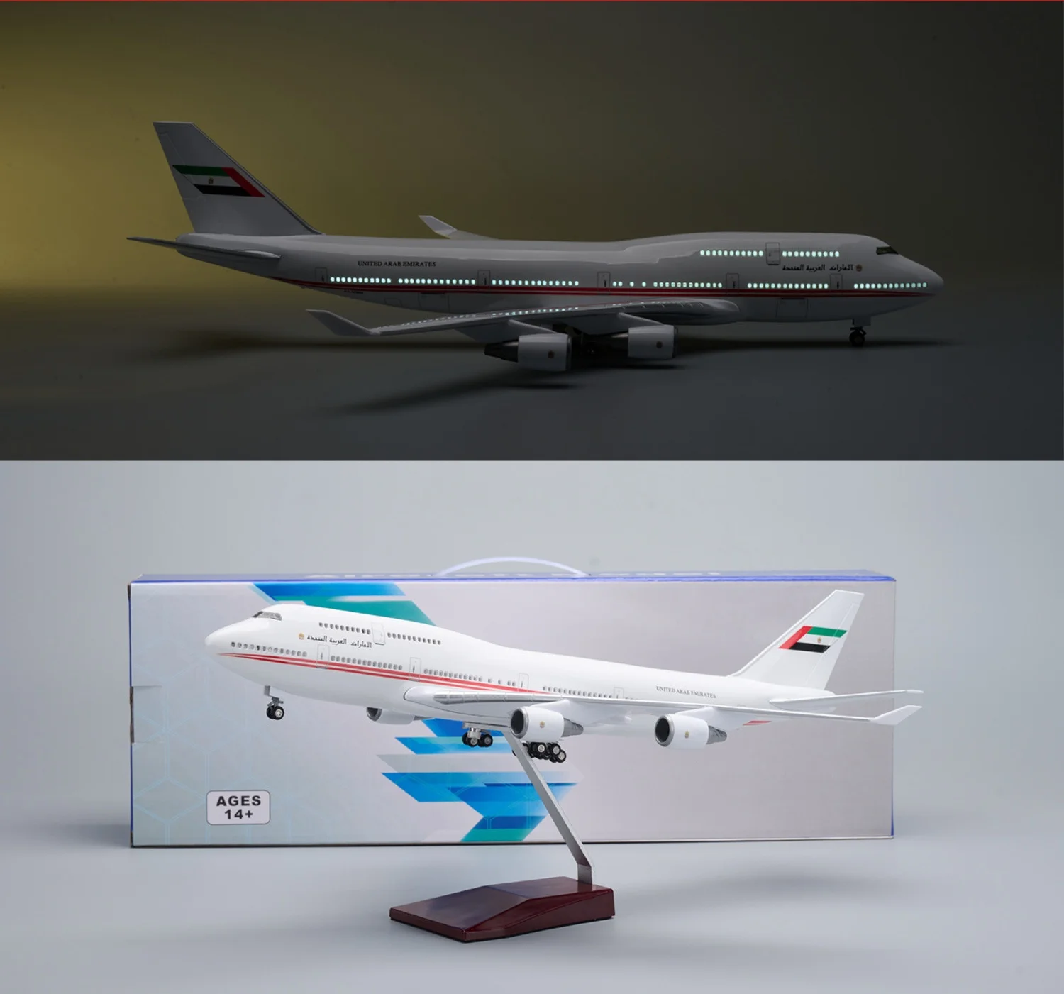 طائرة مصغرة مقاس 47 سم 	 طائرة رئاسية في الإمارات B747 بمقياس 1:150 طائرات لعبة من الراتنج مع عجلات أضواء تجميع الطائرات