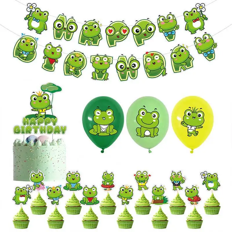 Green Frog Birthday Party Decoration Supplies Kids Ballon Baby Shower Decor Cake Topper Banner Girl Gift Toy Home Garden