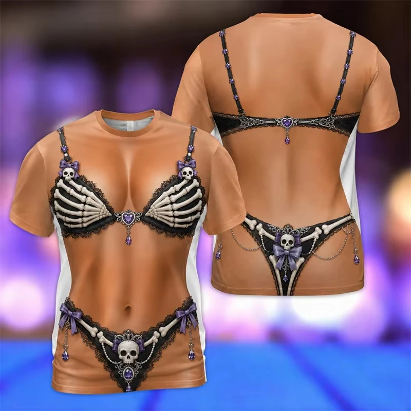 Unisex Halloween 3D Fake Bikini Body Print T‑Shirt, Funny Illusion Tee Candy Ghost Skull Black Cat Spider Tops for Men Women
