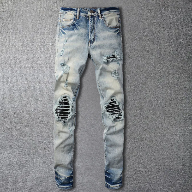 Hip Hop Contrasting Stacked Jeans Stitching Patchwork Ripped Hole Design Stretchy Jean Trousers For Men Pantalon Vaqueros Hombre