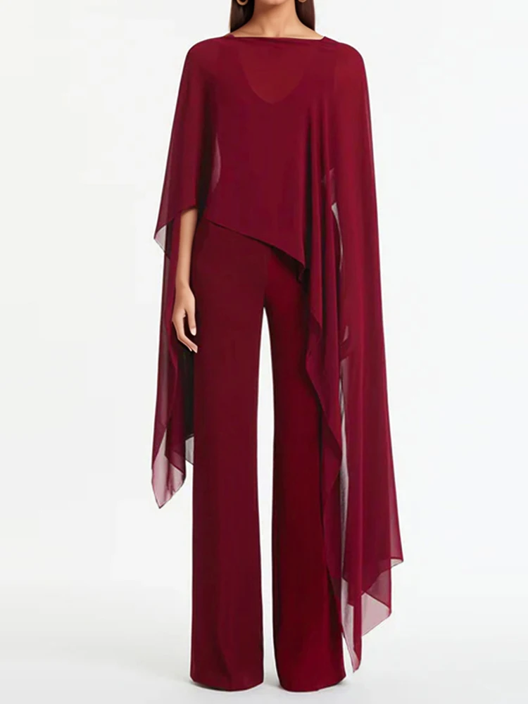 

Casual Chiffon Commute Outfits Elegant V-neck Sleeveless Long Jumpsuit & Cape Tops Women Fashion Hight Waist Solid Party Romper