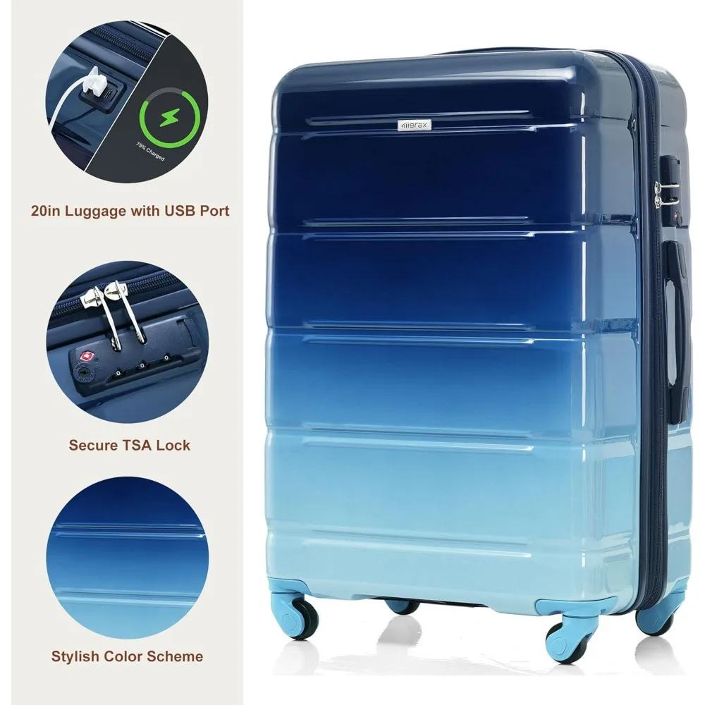 Conjunto de bagagem giratória hardside de 3 peças, listra azul marinho, 20/24/28 polegadas