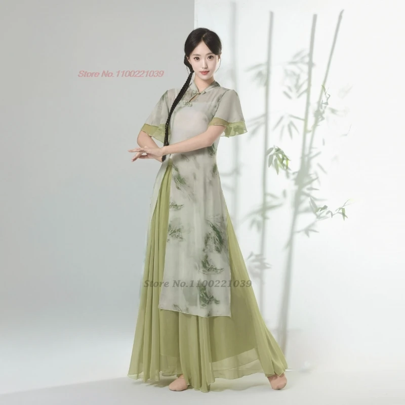 2025 chinese folk dance dress flower print chiffon qipao tops+pants set traditional dancer training exercise stage performance