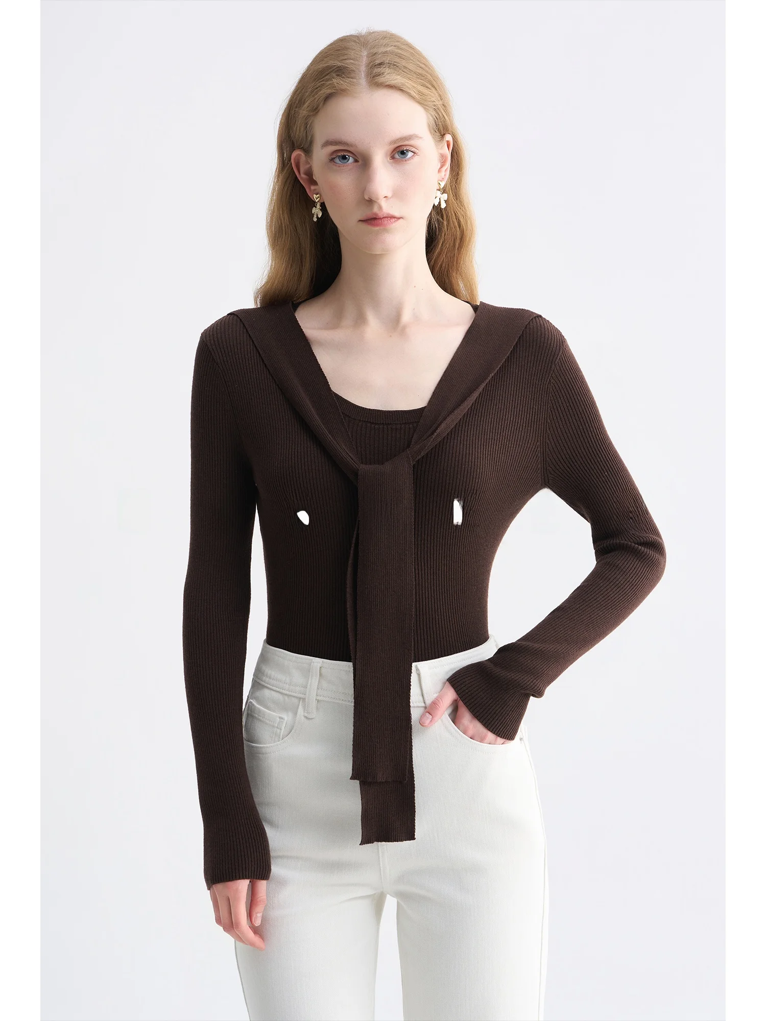 

USEEN Women's Long Sve Knitted round Ne Top with Sa Bla Lazy Anti-aging Overhead Drifting Belted irt