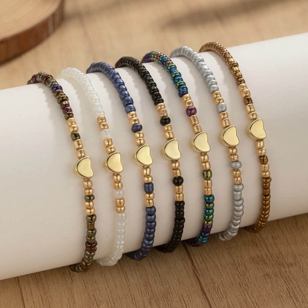 7-piece set of vintage colored rice beads mixed with love multi-layer layered women\'s bracelet