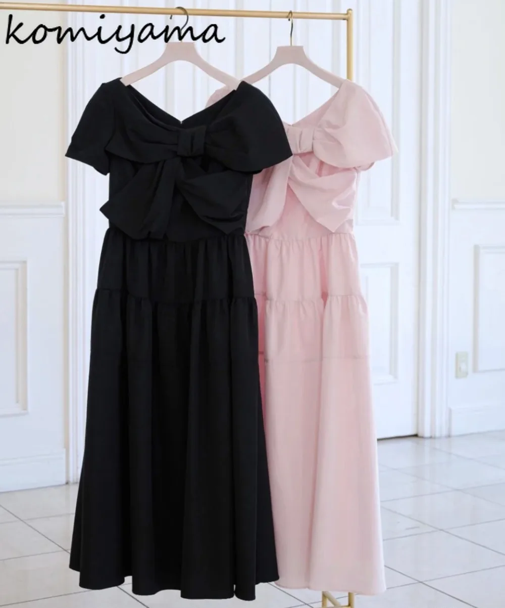 

2025 Bow Kink Skew Collar Vestidos Japanese Sweet Dress High Waist Waist A-line Dresses Short Sleeve Ropa De Mujer Vestido