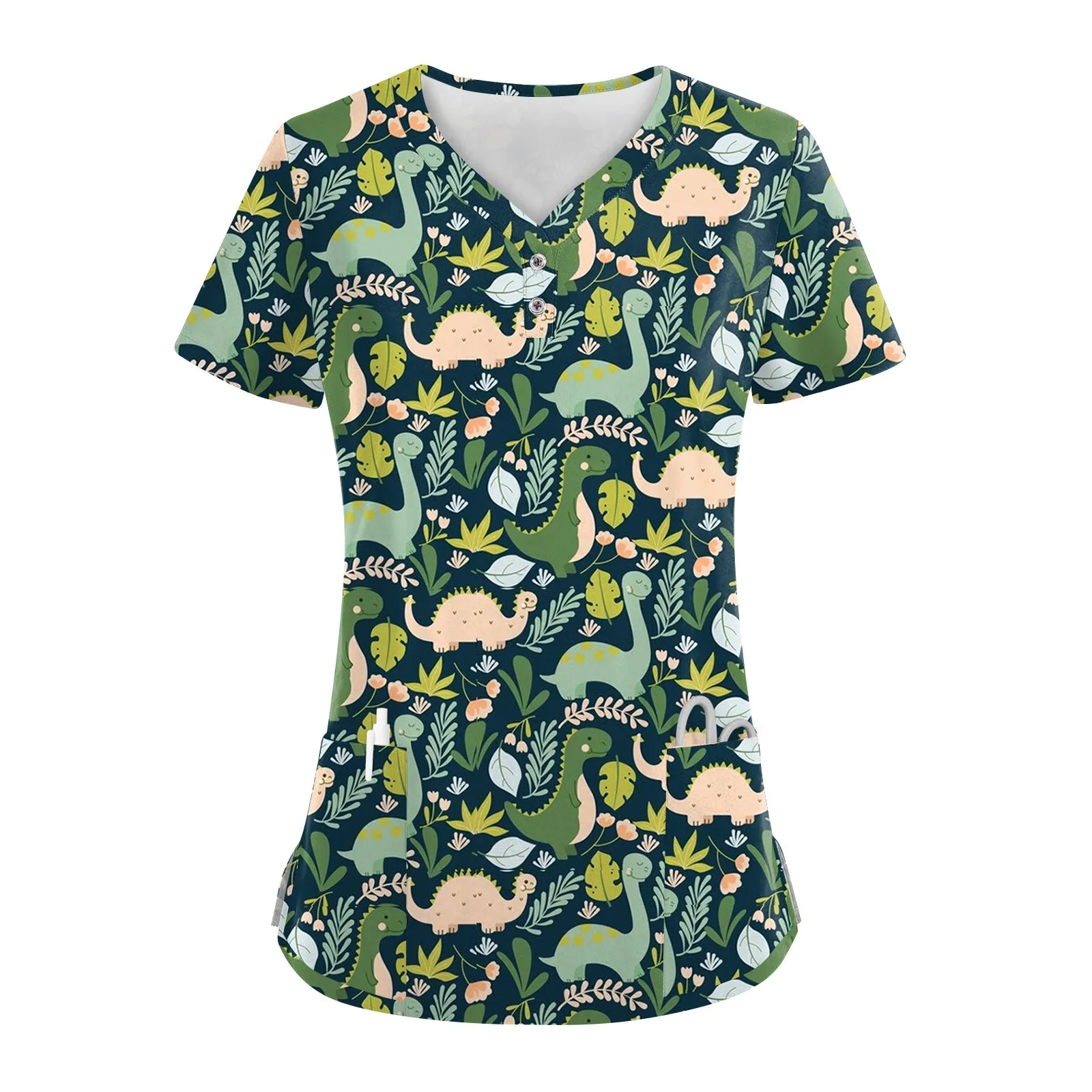 Women Dinosaur Pattern Cotton Scrub Top Unisex Veterinarian Cartoon Uniform Short Sleeve Tops Blouse Uniform