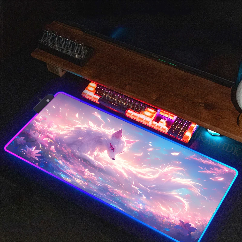 Anime Fox Cute Mouse Gamer Rgb BackLight Mousepad Setup Gaming Luminescence Deskmat Led Big Mousepepad Computer Desk Mat 80x30cm