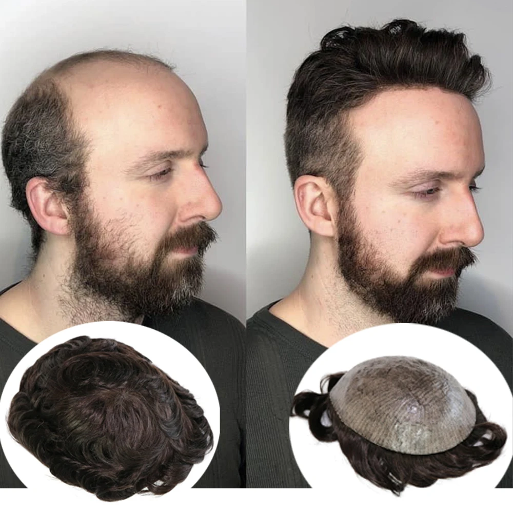 Rambut palsu alami terbaik 8x10 rambut palsu pria Super tahan lama warna coklat rambut palsu kulit manusia kulit PU kapiler Prosthesi