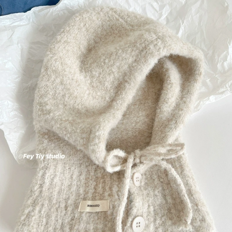 2026 Neue Wollmischung Balaclava-Mütze für Damen, Winter-Ohrenschutz, Warmer Strickschal, Integrierter Pullover, Bombermütze – Detail 4