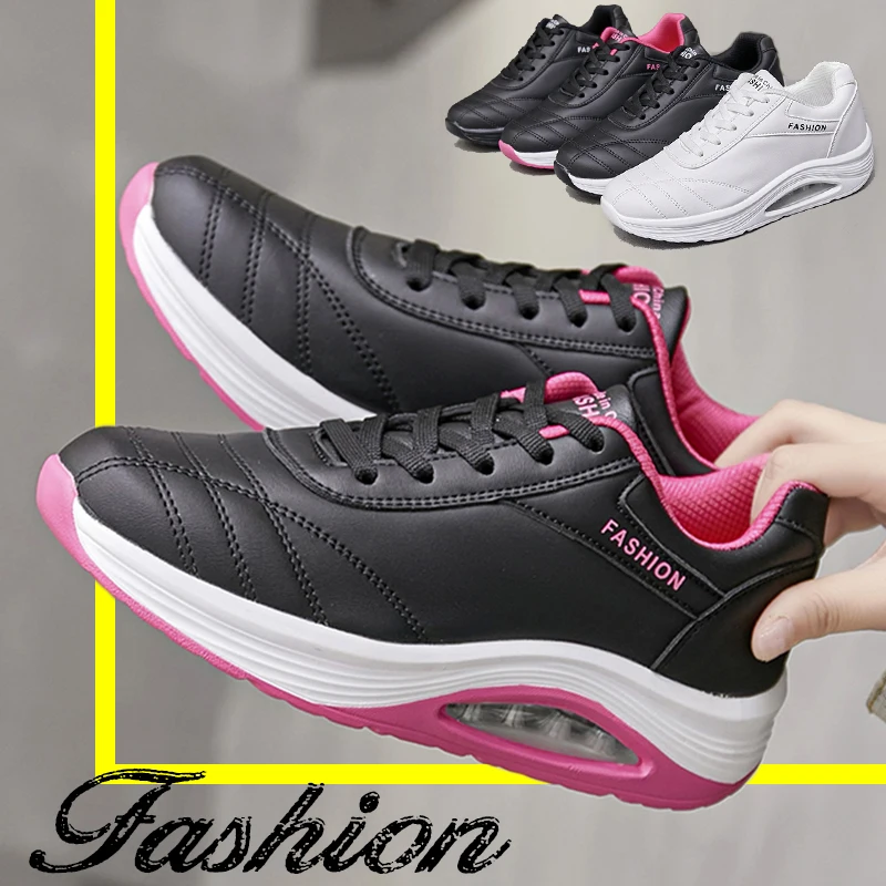 Fashion Womens Leather Sneakers Thick Bottom Sports Shoes Mid-air Cushion Dancing Shoes for Ladies Casual Platforms Shake Shoes