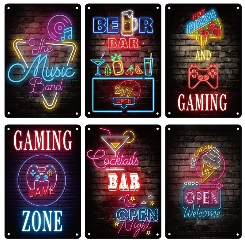 Neon Bar Club Metal Tin Sign Rock Music Pub Vintage Beer Poster Ice Cream Iron Plate Mural Cocktail Game Wall Decoration Plaque