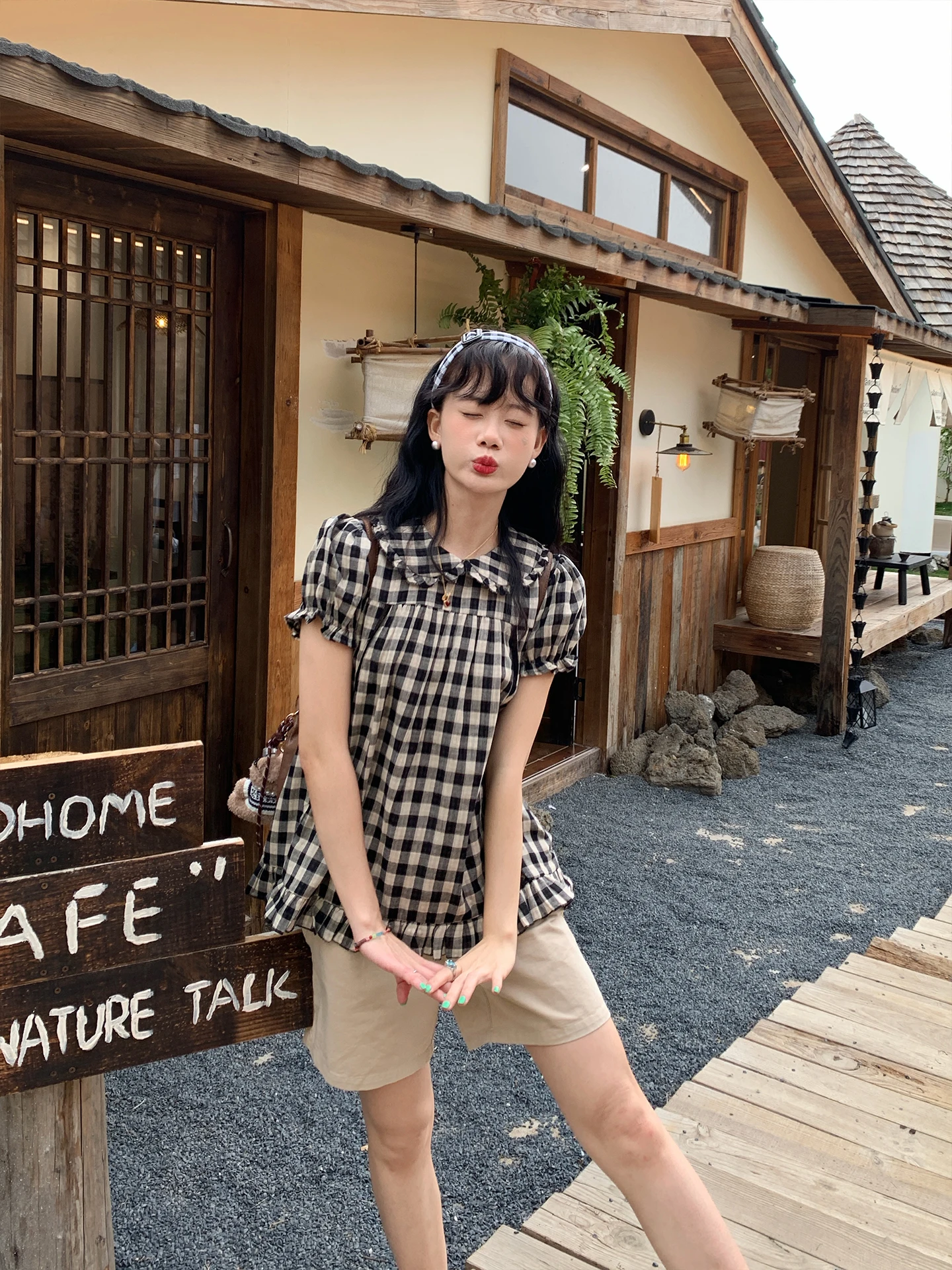 

Sweet Retro Plaid Doll Collar Bubble Sleeve Short Sleeve Shirt Women's Spring Summer New Loose Slimming Top Breathable Casual...