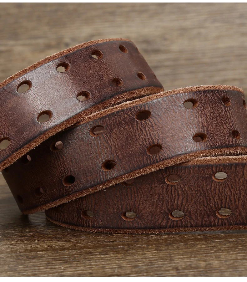 Belt For Men Leather Work Heavy Duty Double Buckles Dlawed Genuine Leather 3.8cm Male Copper Buckle Retro Brown Men's Belt