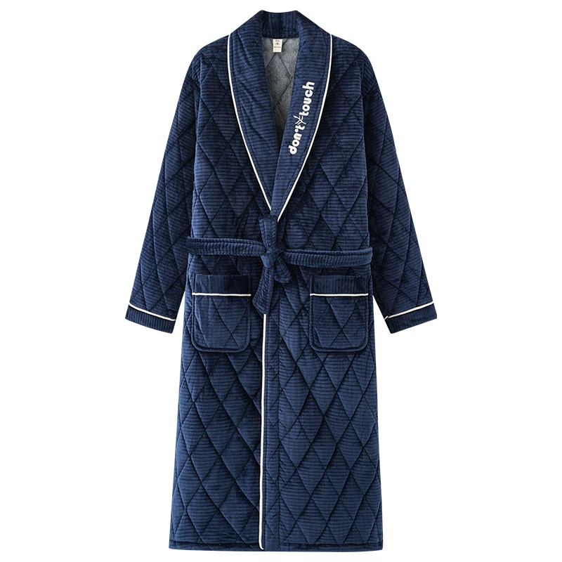 Luxury Coral Velvet 3 Layers Quilted Robes Male Thick Elegant Dressing Gown Warm Belted Bathrobe Winter Long Robe Men Bath Robe