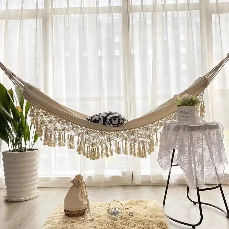 French pastoral fringed solid color hammock outdoor camping anti-rollover single double swing