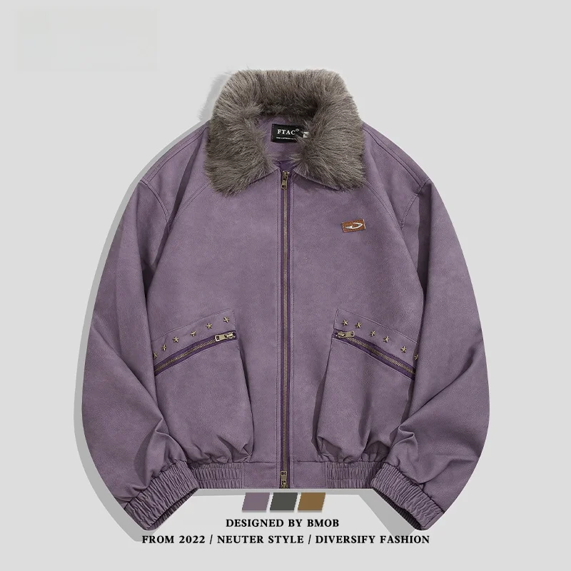 

BMOB American Sle Removable Collar Leather Jaet for Couples Loose Fit High Street Faion Leather Coat Trendy for Teenagers