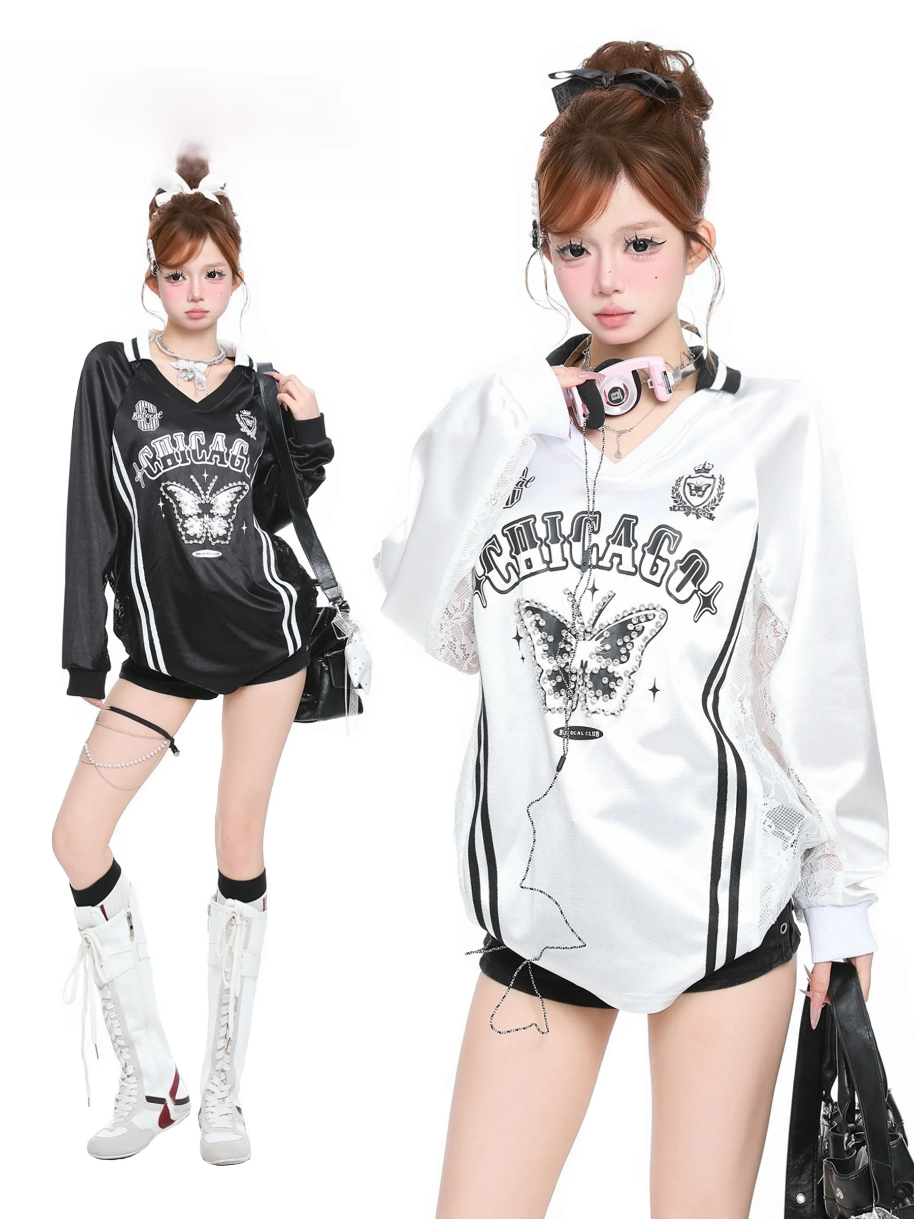 

Basterds American Sle Rhinestone Design Satin V-ne Long Sve T-irt Women Spring Spicy Girl Cover up Top