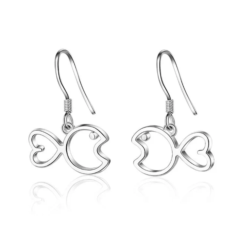 

New Fashion Hollow Lucky Fish 925 Sterling Silver Jewelry Simple Sweet Animal Big Mouth To Mouth Fish Dangle Earrings XZE297