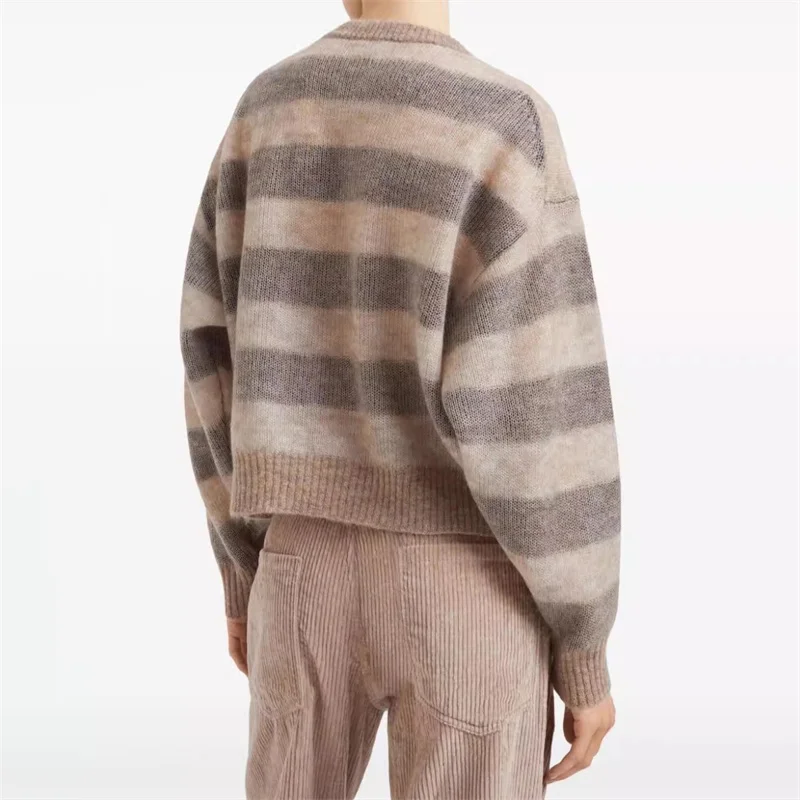 Women's sweater 2024 Autumn New Fashion Striped Splicing Pullover Wool seahorse wool blended long sleeved Top Elastic knitwear