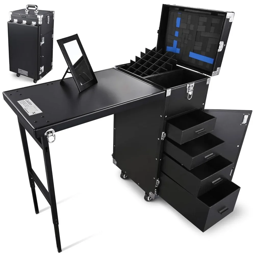 Rolling Manicure Table Foldable Nail Table Makeup Train Case Tattoo Station Portable Nail Desk Workstation