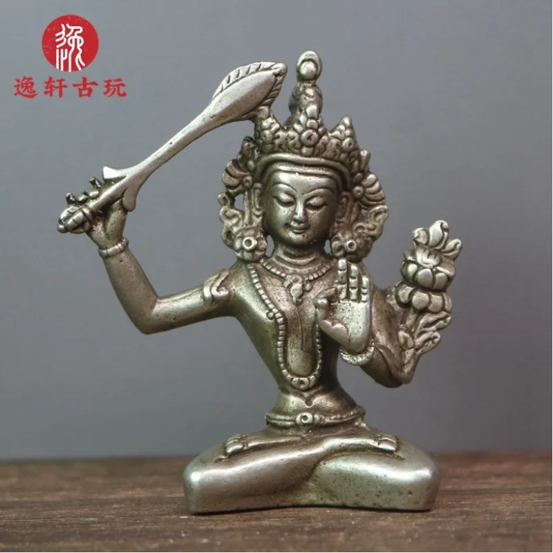 Antique pure copper Miao silver solid Tibetan Buddha statue small ornament for home use - Manjushri Bodhisattva and Four-Armed G