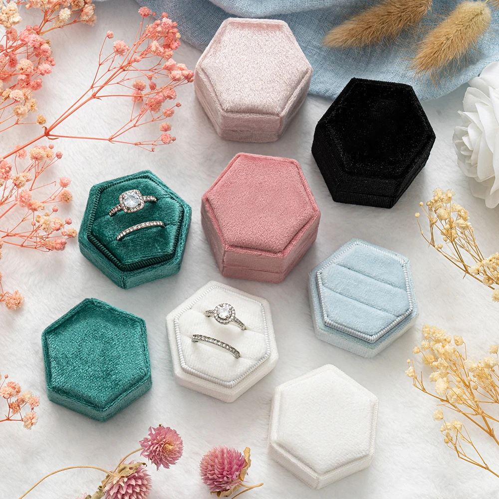 

Hexagonal double-layer velvet ring box, elegant keepsake box for engagement rings and wedding sets, proposal ring box