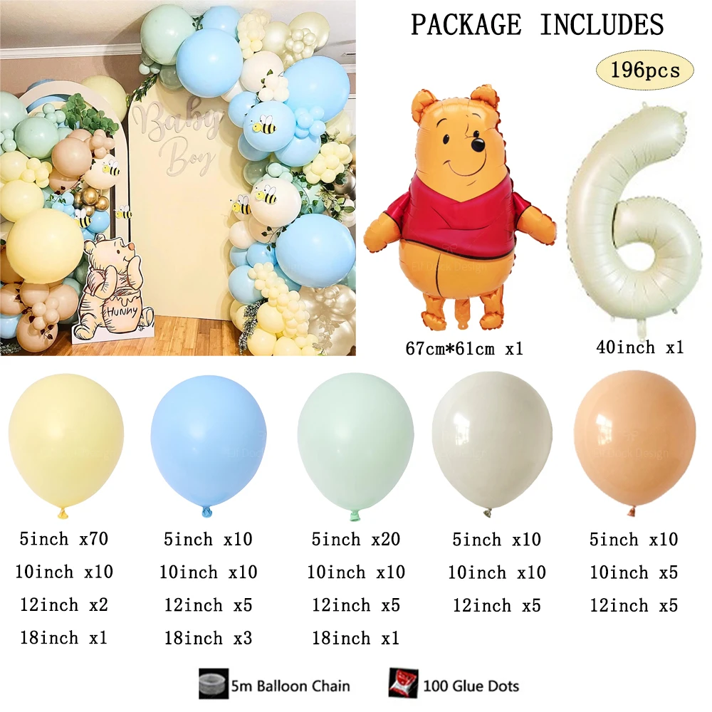 196pcs Winnie Bear Bee Themed party Balloon Arch Kit 40Inch Cream 1-9 Foil Number Balloon for kids Birthday Baby Shower Gifts