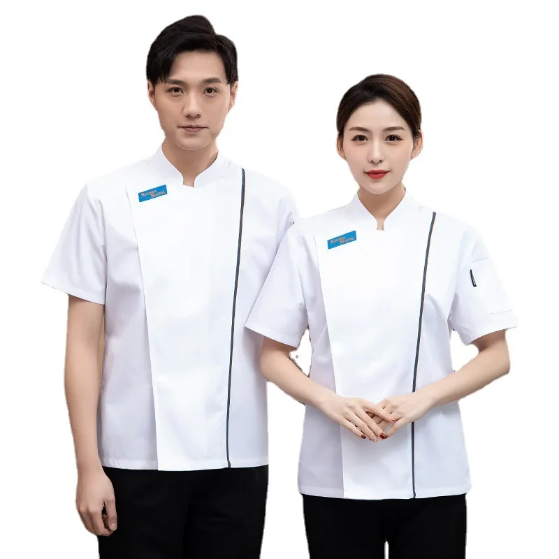 New Chef Overalls Summer Two Sides Mesh Breathable Polyester Cotton Short Sleeve Men's Hotel Dining Kitchen Kitchen Kitchen West