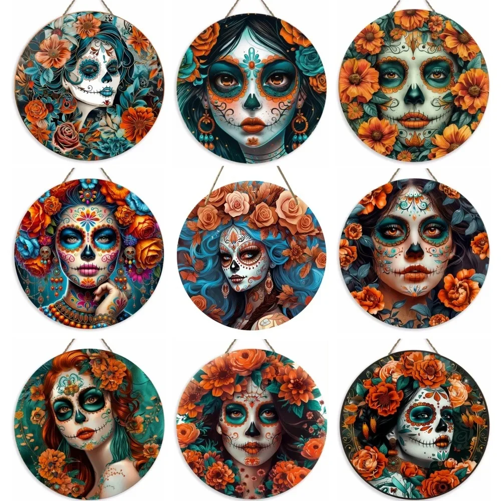 Day of The Dead Sugar Skull Makeup, Vintage Round Wooden Sign, Living Room Office Bar Garden Holiday Party Decoration, Gift