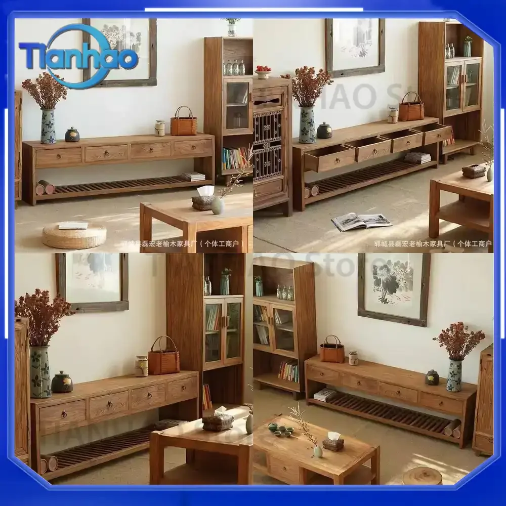 TV Stand Storage Cabinet for Small Spaces Rustic Chinese Style Solid Elm Wood Low Living Room Cabinet Wall Mounted Sideboard
