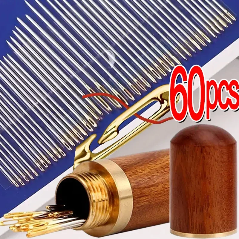 12/60Pcs Blind Sewing Needles Stainless Steel Side Hole Elderly Self Threading Needle Stitching Pin DIY Sewing Beading Tools