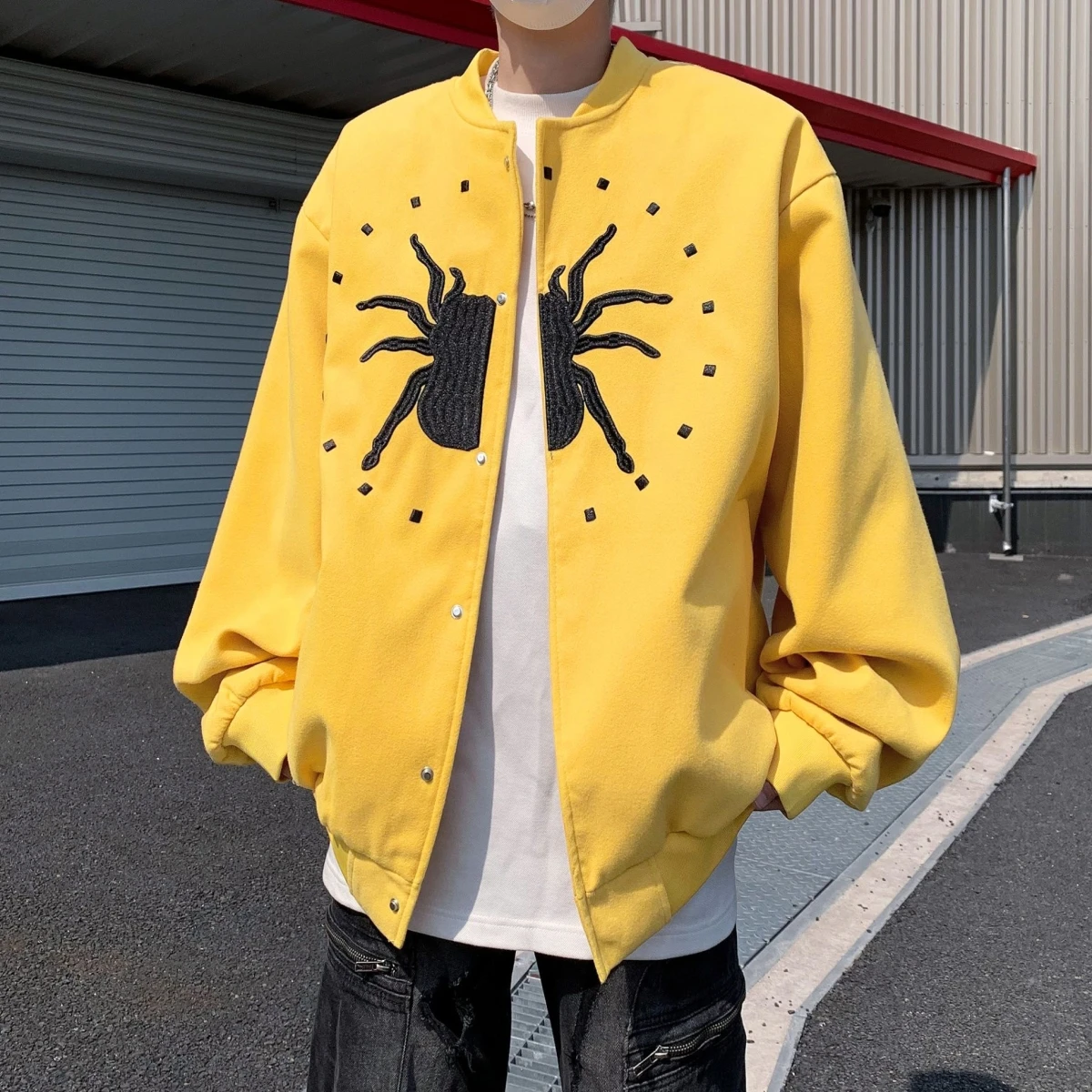 

Couples Spider Letter Embroidery Jaet Loose Casual Baseball Sle Polyester Stand Fit Youth ular Outerwear Coat
