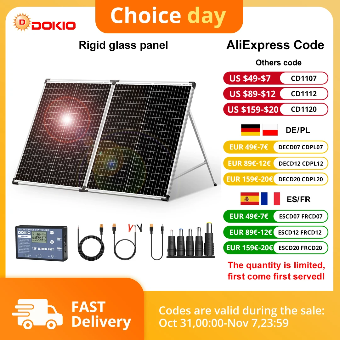 Dokio 100W Pieghevole Pannello Solare Cina (2Pcs x 50W) 18V + 10A Cellula di Batteria Solare Regolatore 12V/Modulo/Caricatore Sistema