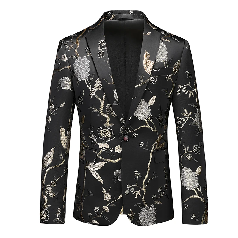 Rose Pattern Suit Jacket Men\'s Wedding Party Dress Coat High Quality Men Slim Blazers Masculino