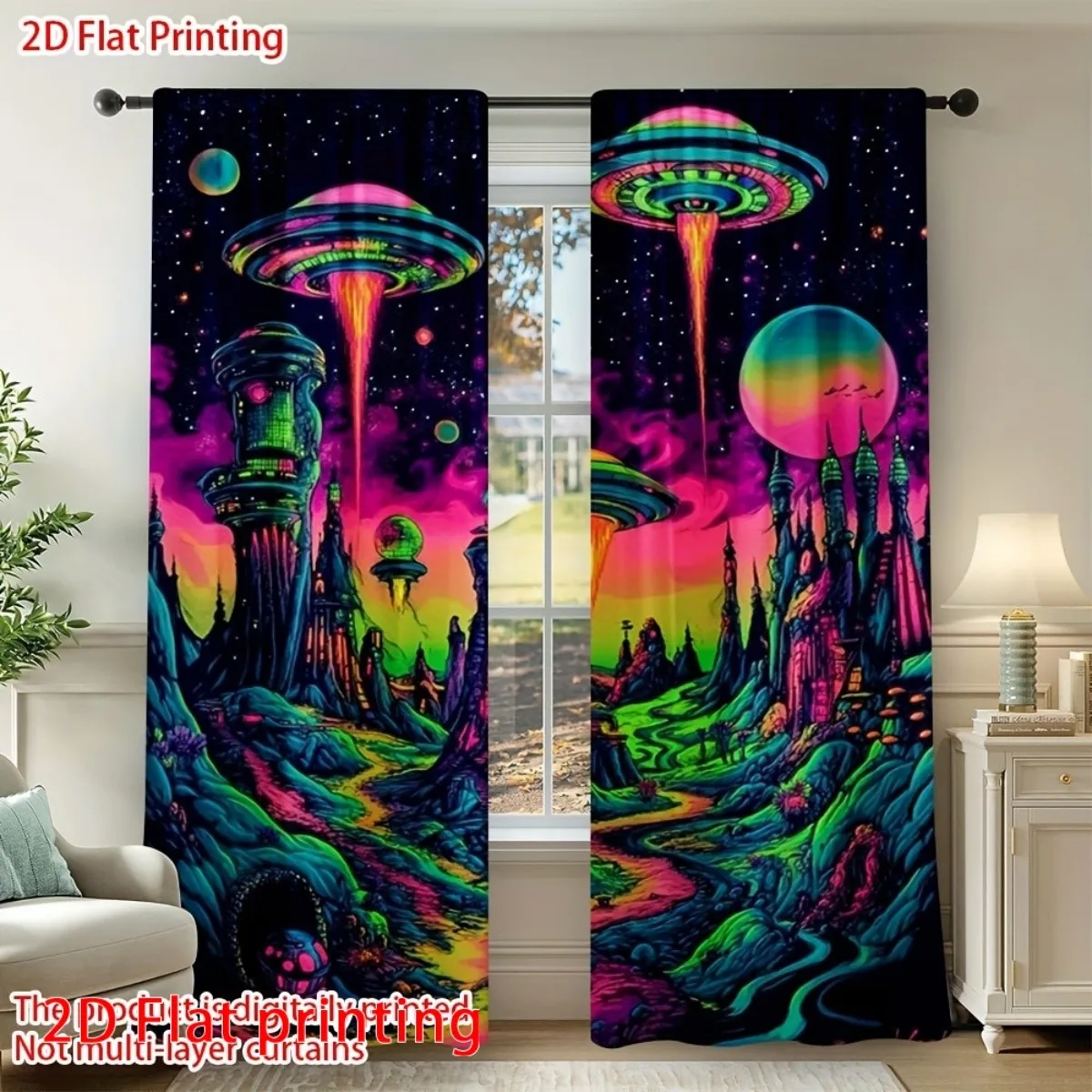 Psychedelic UFO Alien Landscape Curtains, Neon Sci-Fi Space Print Blackout Drapes, Retro Futuristic Decor for Bedroom Game Room