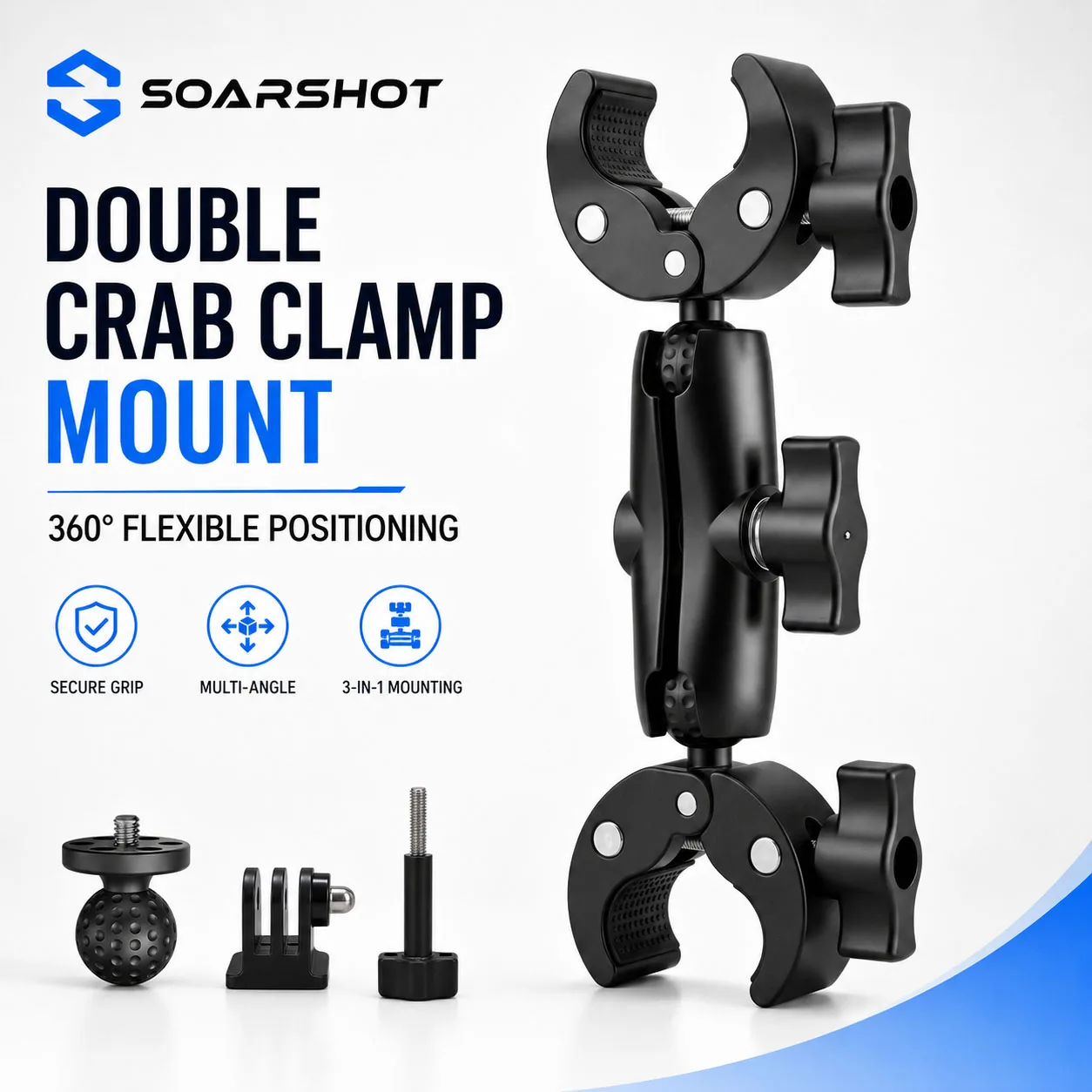 SOARSHOT Double Crab Clamp Camera Mount with Adapter Kit 360° Arm for GoPro Insta360 DJI Action Motorcycle Bicycle Handlebar
