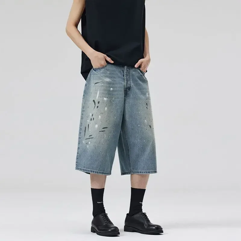 

Y2K Retro Graffiti Splashed Ink Denim Shorts Men's Summer American Trendy 2025 New Casual Straight Knee Lengtth Pants jeans