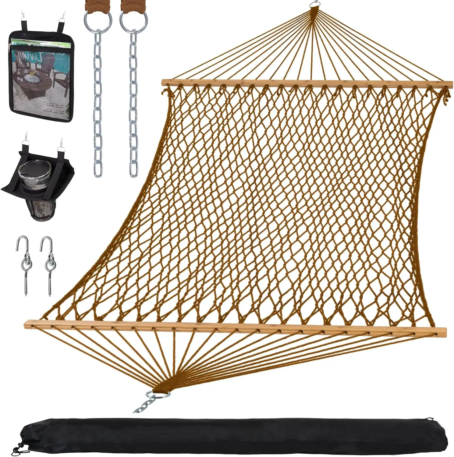 

Portable 2 Person Hammock with Carrying Bag, Tree Hooks, Magazine Bag, Bottle Holder, Heavy Duty Hanging Tree Hammock, Brown