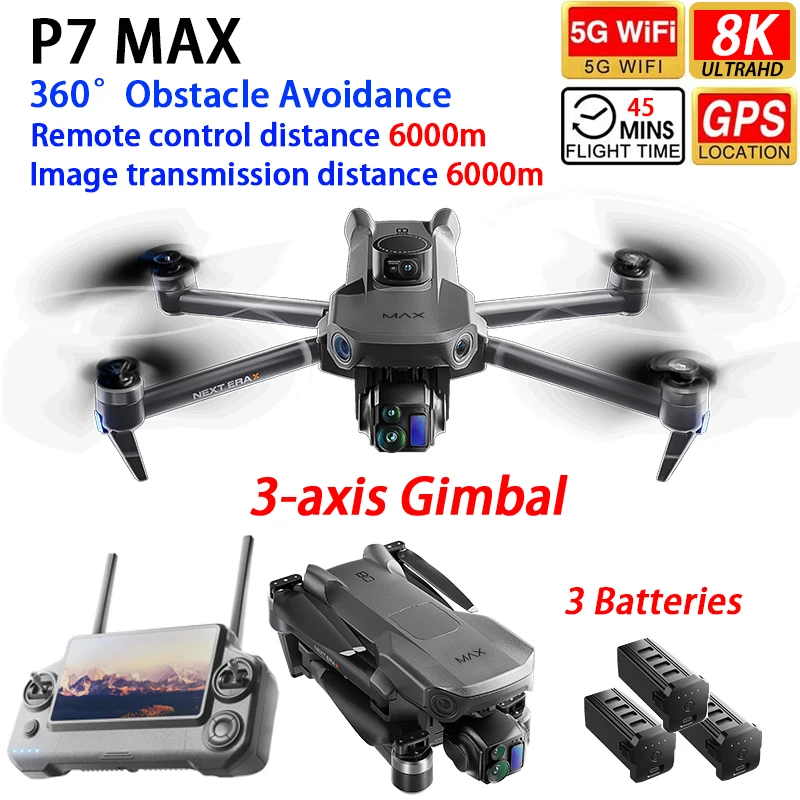 P7 Professional Drone GPS WIFI FPV 6KM 3-axis Gimbal 4K Dual Camera 360° Obstacle Avoidance Quadcopter with 3 Batteries