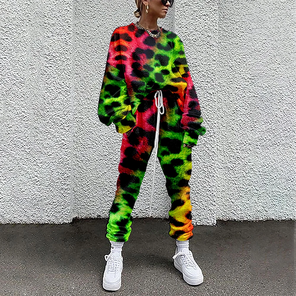 

SOJINM Women Tracksuit Leopard Spotted Print 2 Piece Outfit Sweatshirt+Straight Sweatpants Matching Fitness Sporty 6XL