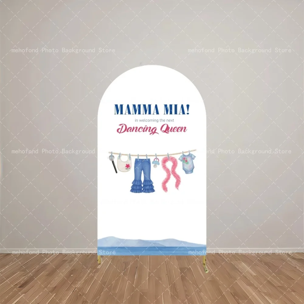 Mehofond Arch Backdrop MAMMA MIA Retro Blue Carved Blinds Baby Clothes Baby Shower Red Triangle Plum Photo Background Decoration